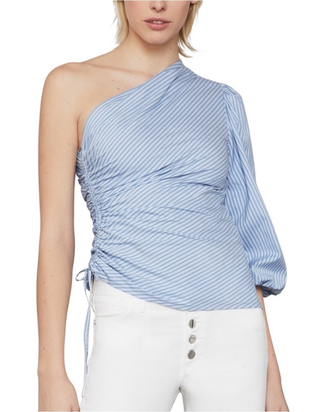 🩵NWT BCBGMaxAzria Asymmetrical Blue and White One-Shoulder Striped Ruched Top